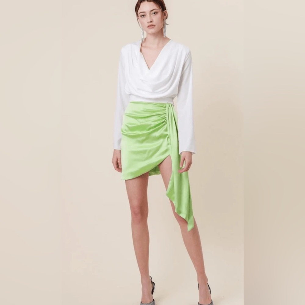 Line & Dot $98 Asymmetrical Lime Neon Green Satin Mini Skirt Y2K Resort Vacation
